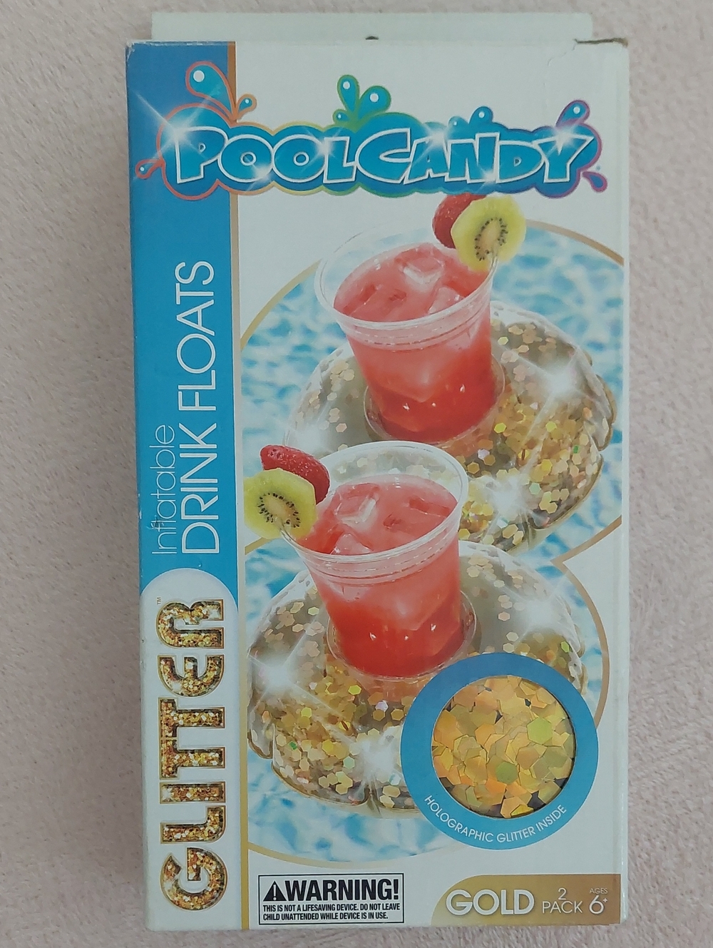 POOL CANDY Inflatable Holographic Glitter Gold Drink Floats (Set of 2) NIB